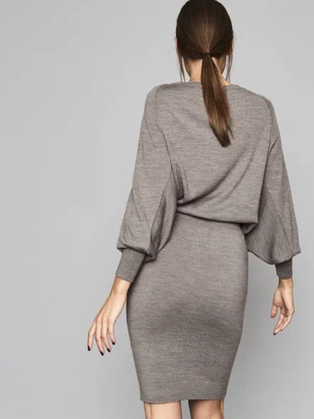 REISS Mitzy Knitted Wool Blend Batwing Dress Grey L NWOT